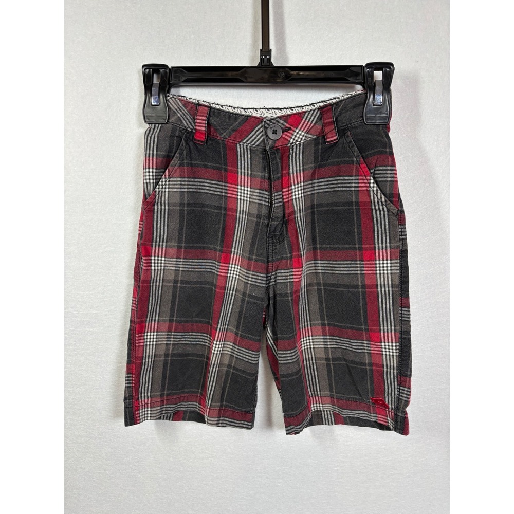 Tony Hawk Boys Red Black Plaid Shorts Size 7X Cotton Skate Flat Front THK10S6000